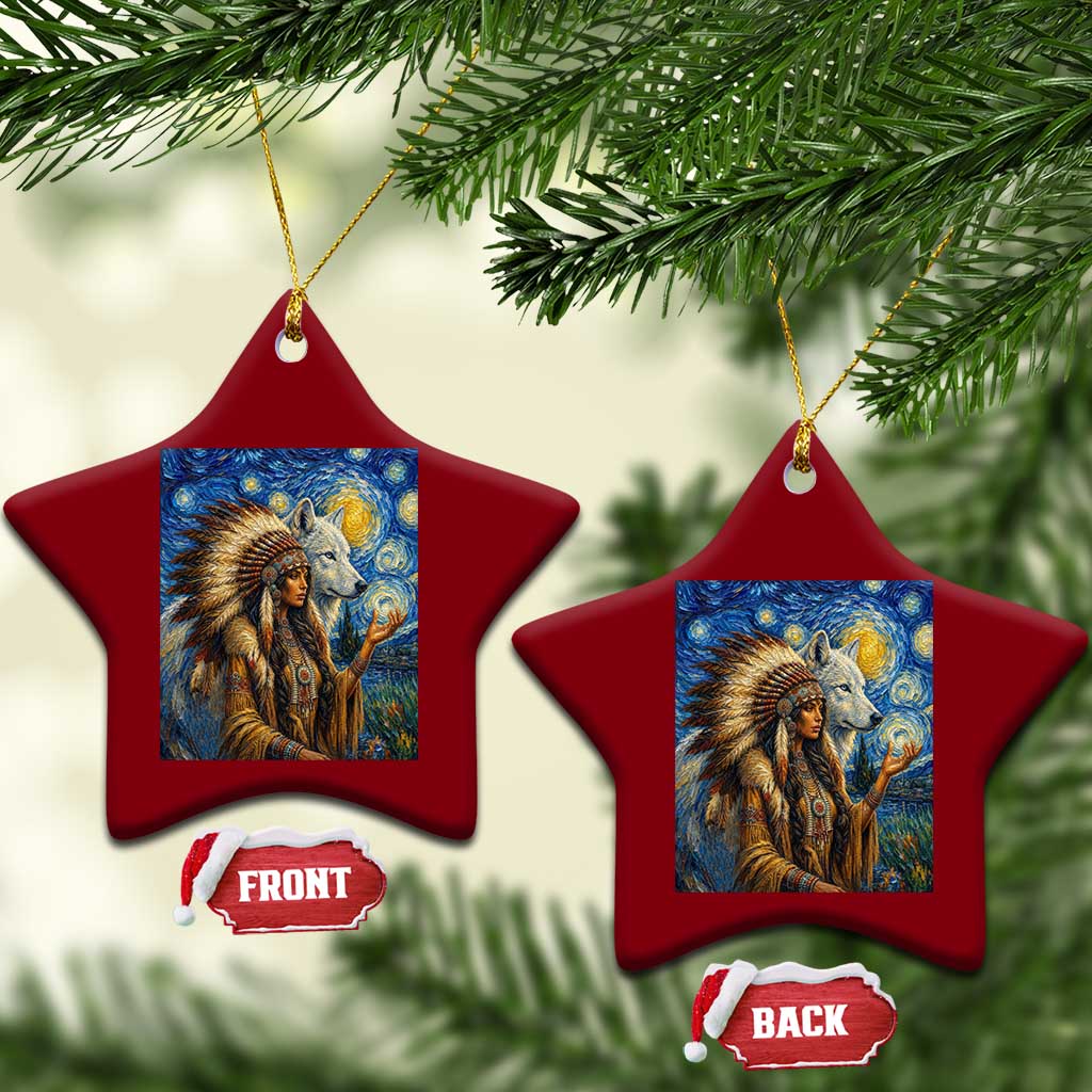 Native American Woman And White Wolf Ceramic Ornament Starry Night Inspired Art