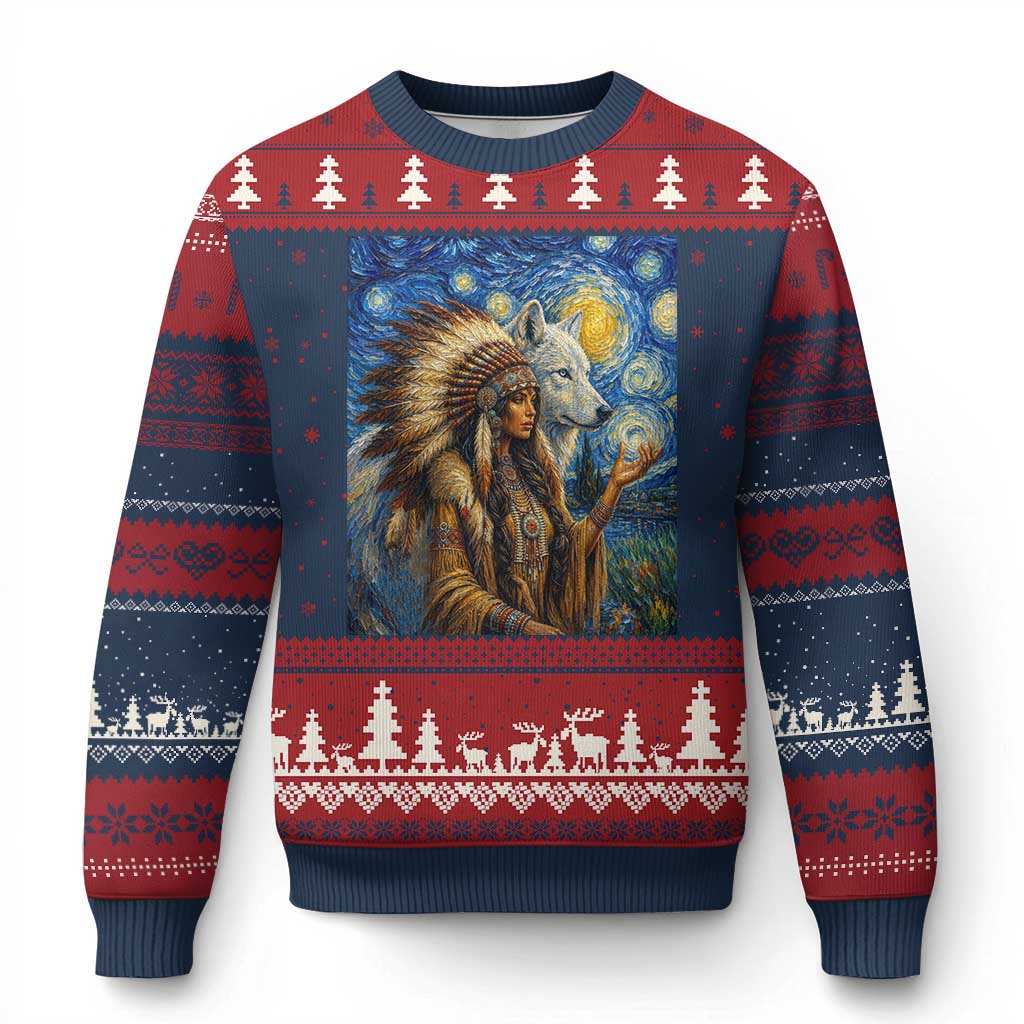 Native American Woman And White Wolf Ugly Christmas Sweater Starry Night Inspired Art TS12 Navy Red Print Your Wear