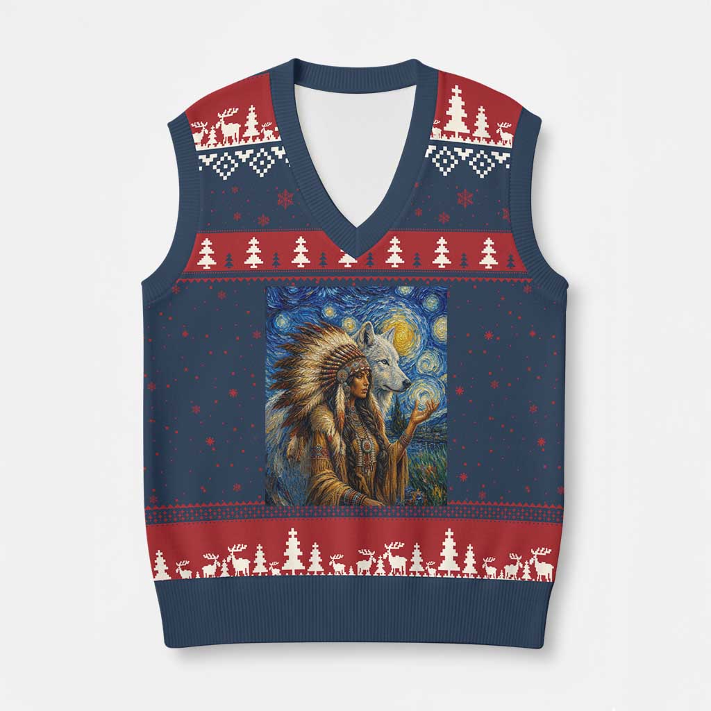 Native American Woman And White Wolf V-Neck Knit Sweater Vest Starry Night Inspired Art TS12 Navy Red Print Your Wear