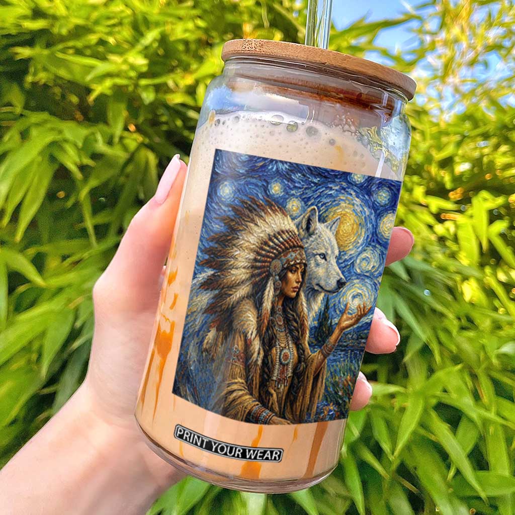 Native American Woman And White Wolf Glass Can Starry Night Inspired Art TS12 Black Print Your Wear