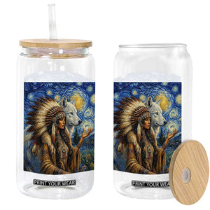 Native American Woman And White Wolf Glass Can Starry Night Inspired Art