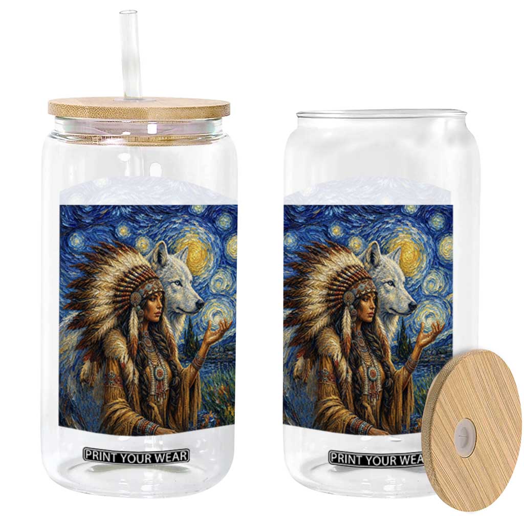 Native American Woman And White Wolf Glass Can Starry Night Inspired Art