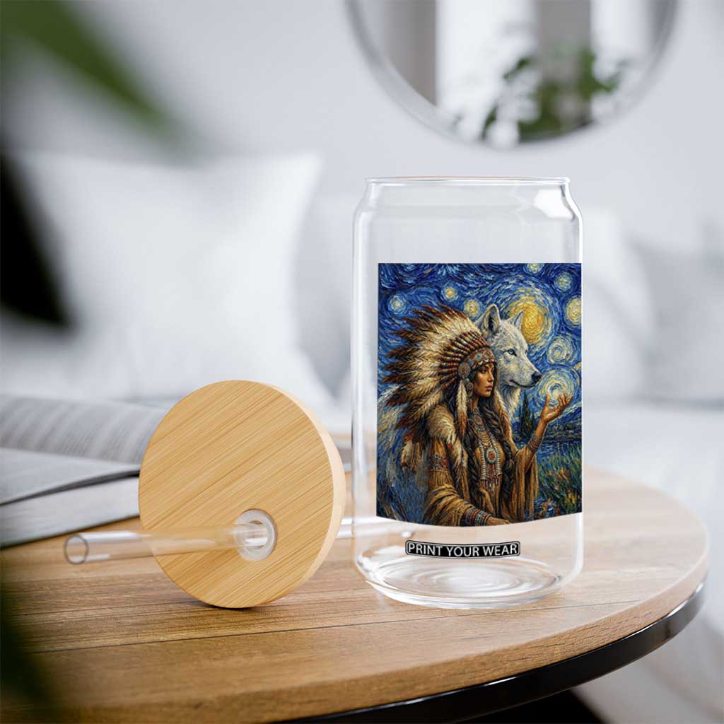 Native American Woman And White Wolf Glass Can Starry Night Inspired Art
