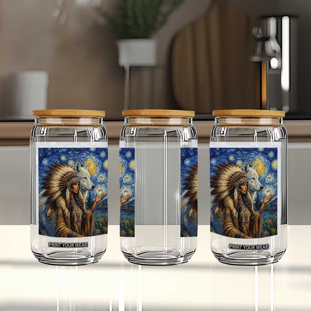 Native American Woman And White Wolf Glass Can Starry Night Inspired Art