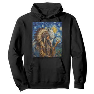 Native American Woman And White Wolf Hoodie Starry Night Inspired Art