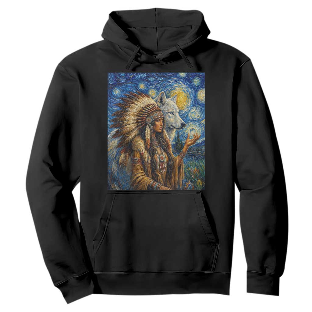 Native American Woman And White Wolf Hoodie Starry Night Inspired Art TS12 Black Print Your Wear