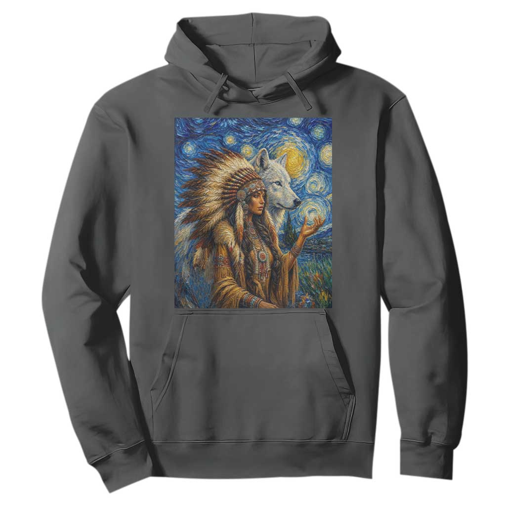 Native American Woman And White Wolf Hoodie Starry Night Inspired Art