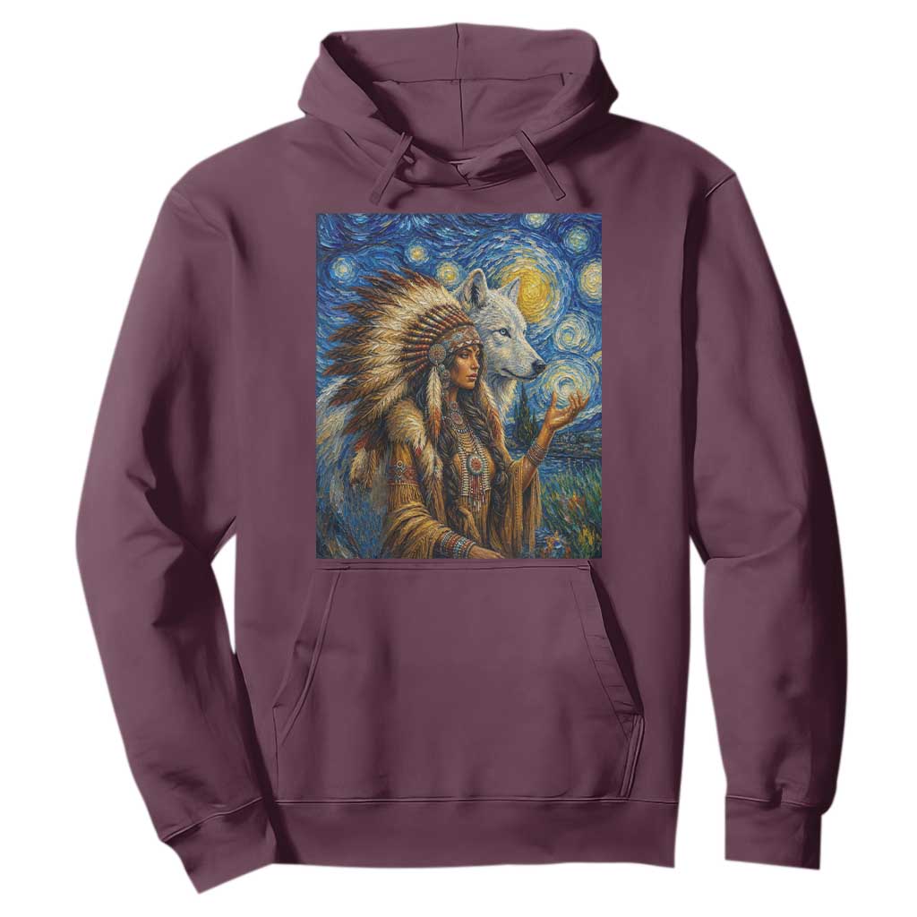 Native American Woman And White Wolf Hoodie Starry Night Inspired Art