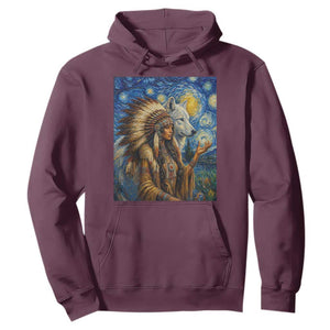 Native American Woman And White Wolf Hoodie Starry Night Inspired Art