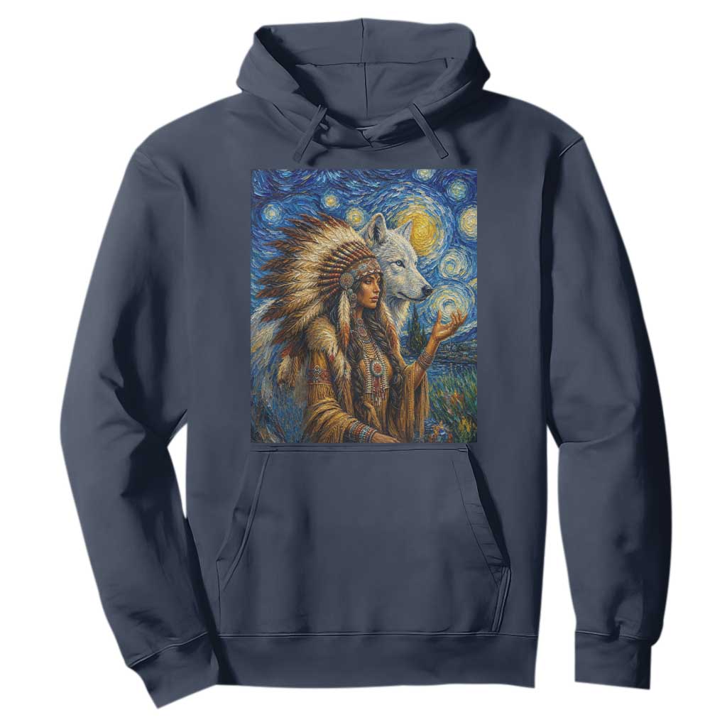 Native American Woman And White Wolf Hoodie Starry Night Inspired Art