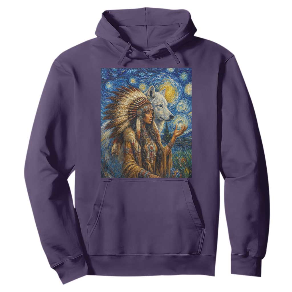 Native American Woman And White Wolf Hoodie Starry Night Inspired Art