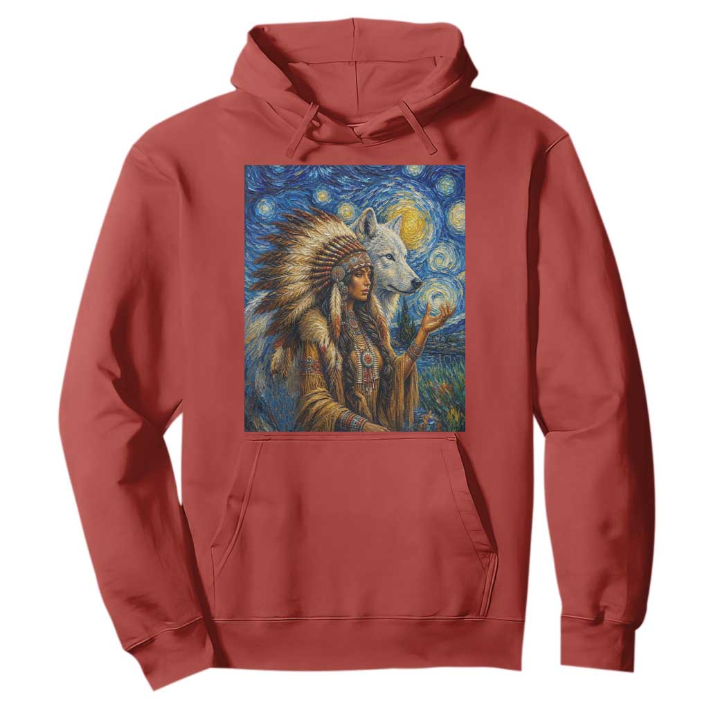 Native American Woman And White Wolf Hoodie Starry Night Inspired Art