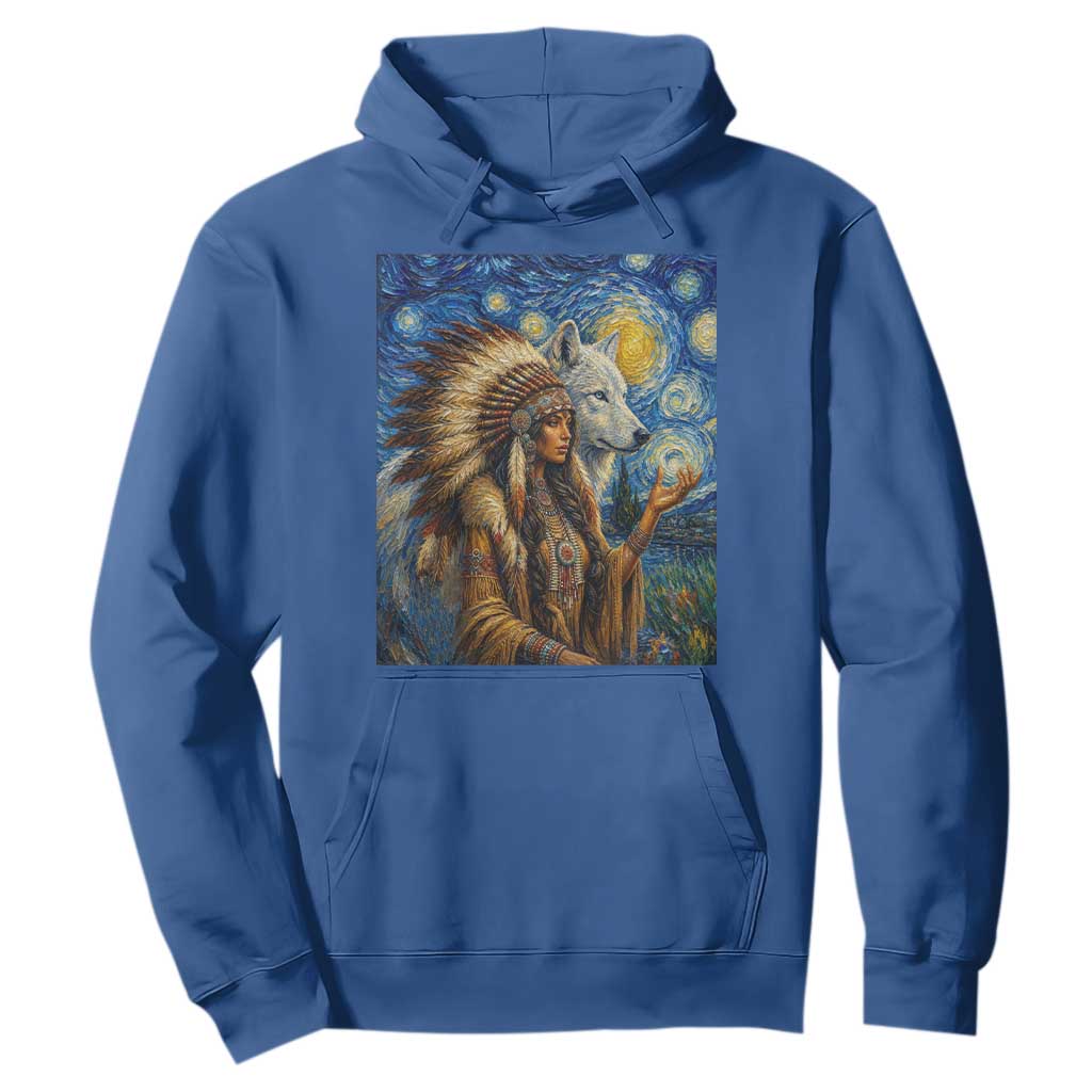 Native American Woman And White Wolf Hoodie Starry Night Inspired Art
