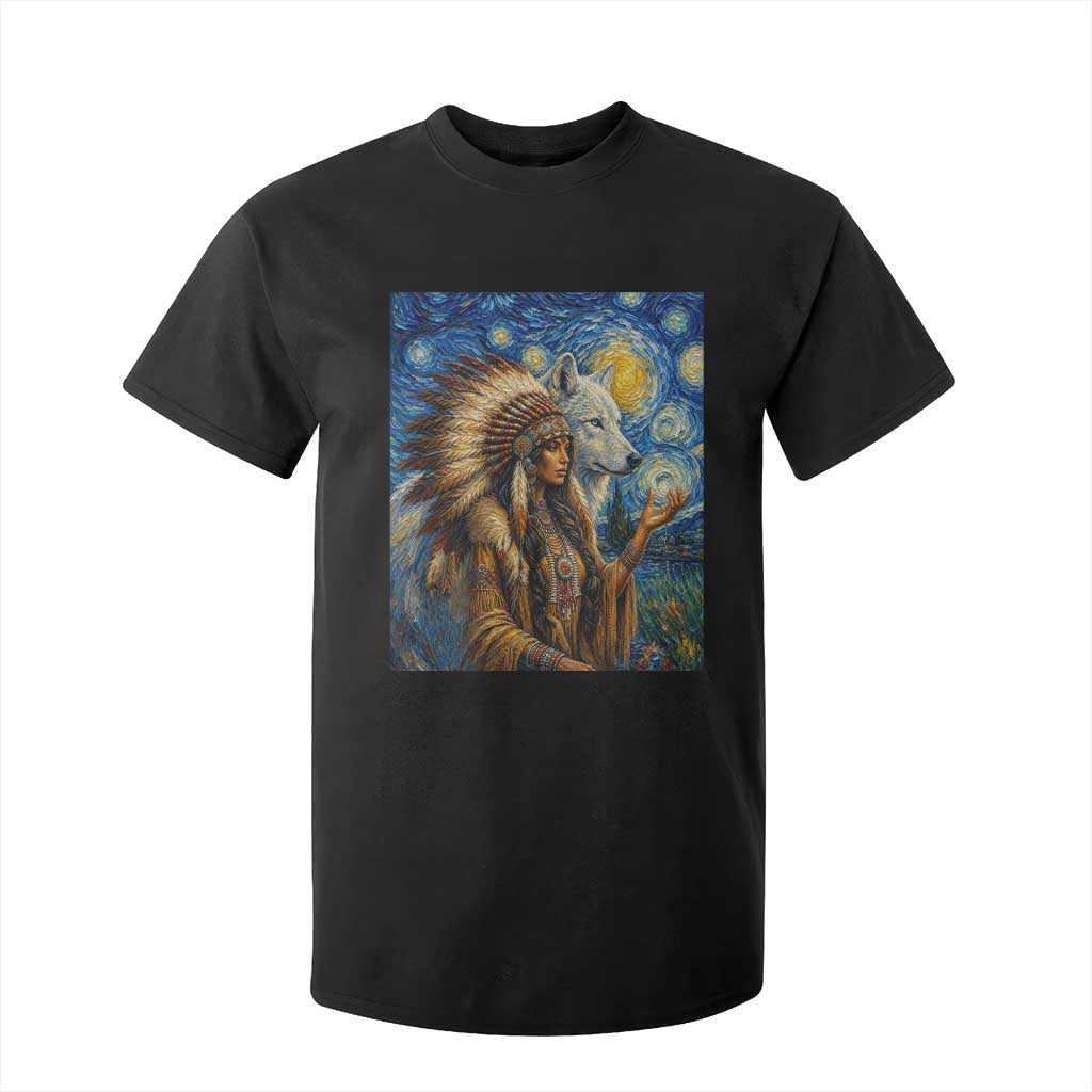 Native American Woman And White Wolf T Shirt For Kid Starry Night Inspired Art