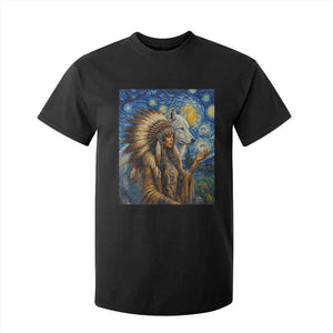 Native American Woman And White Wolf T Shirt For Kid Starry Night Inspired Art