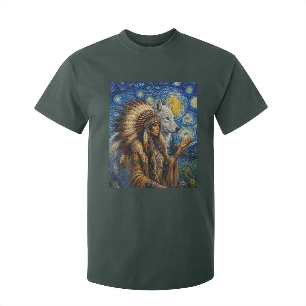 Native American Woman And White Wolf T Shirt For Kid Starry Night Inspired Art