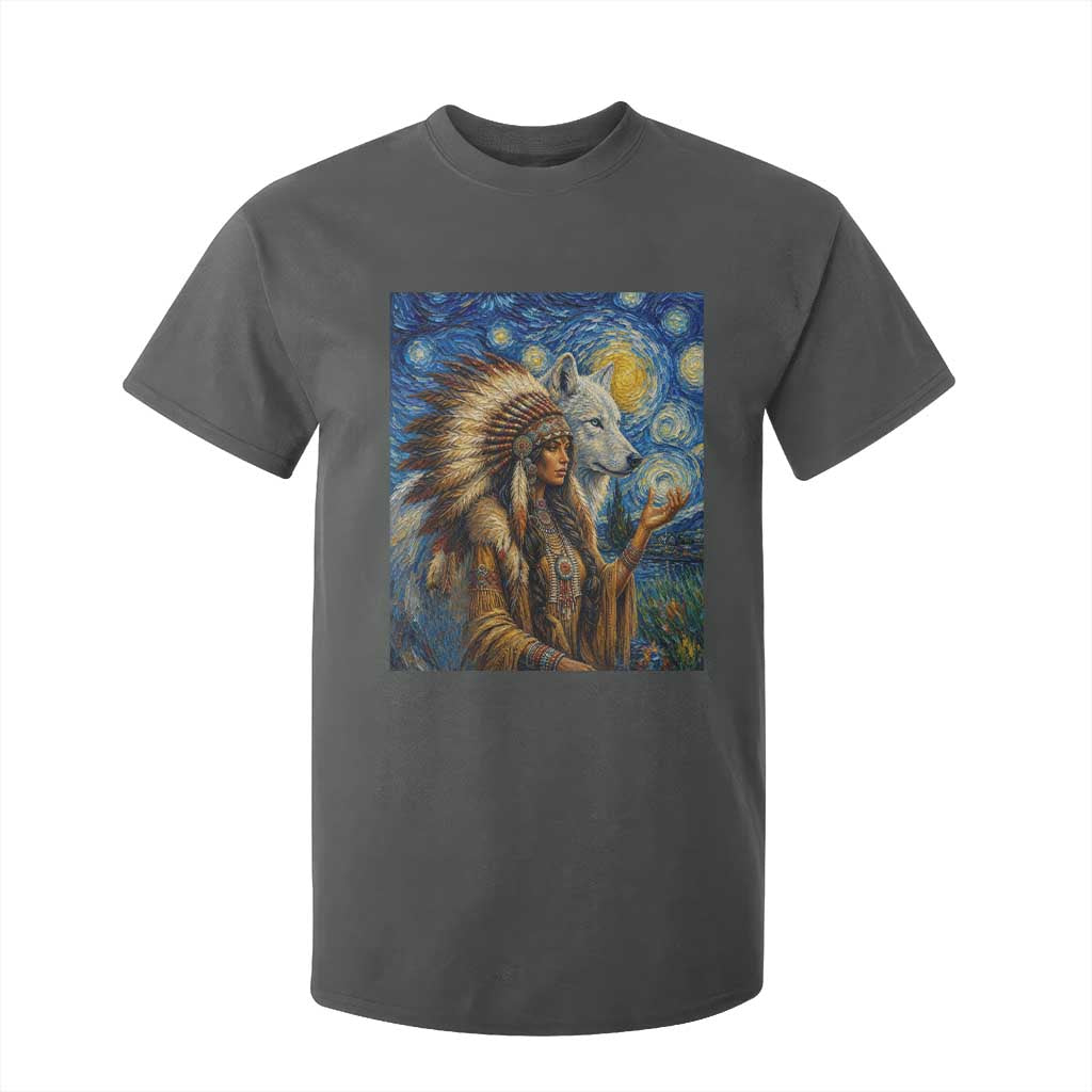 Native American Woman And White Wolf T Shirt For Kid Starry Night Inspired Art