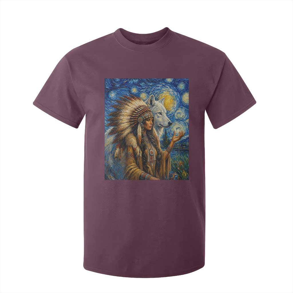 Native American Woman And White Wolf T Shirt For Kid Starry Night Inspired Art
