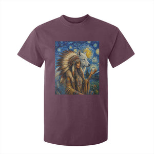 Native American Woman And White Wolf T Shirt For Kid Starry Night Inspired Art