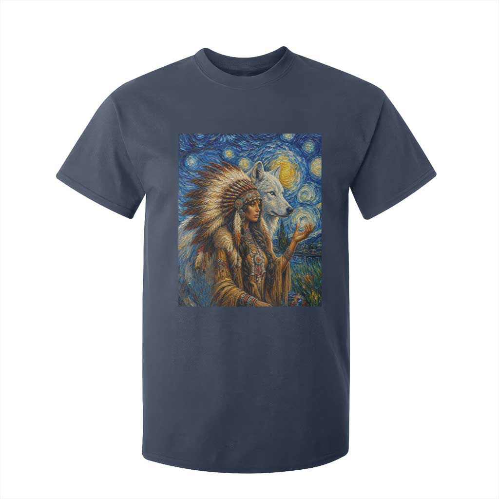 Native American Woman And White Wolf T Shirt For Kid Starry Night Inspired Art