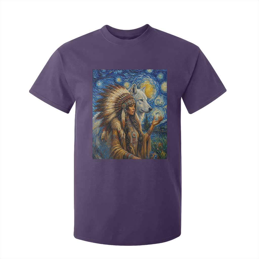 Native American Woman And White Wolf T Shirt For Kid Starry Night Inspired Art