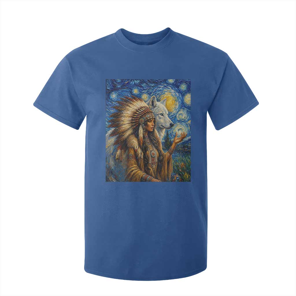 Native American Woman And White Wolf T Shirt For Kid Starry Night Inspired Art