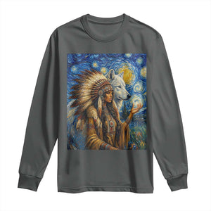 Native American Woman And White Wolf Long Sleeve Shirt Starry Night Inspired Art