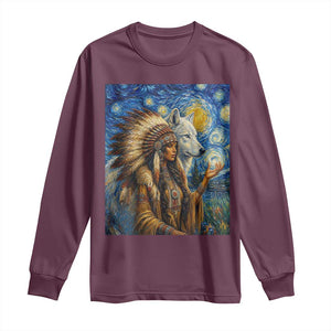 Native American Woman And White Wolf Long Sleeve Shirt Starry Night Inspired Art