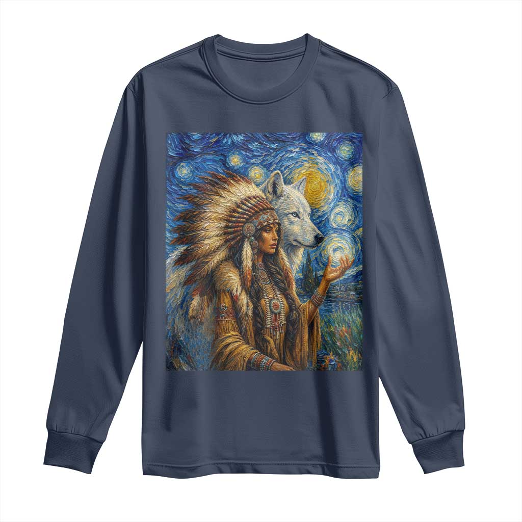 Native American Woman And White Wolf Long Sleeve Shirt Starry Night Inspired Art