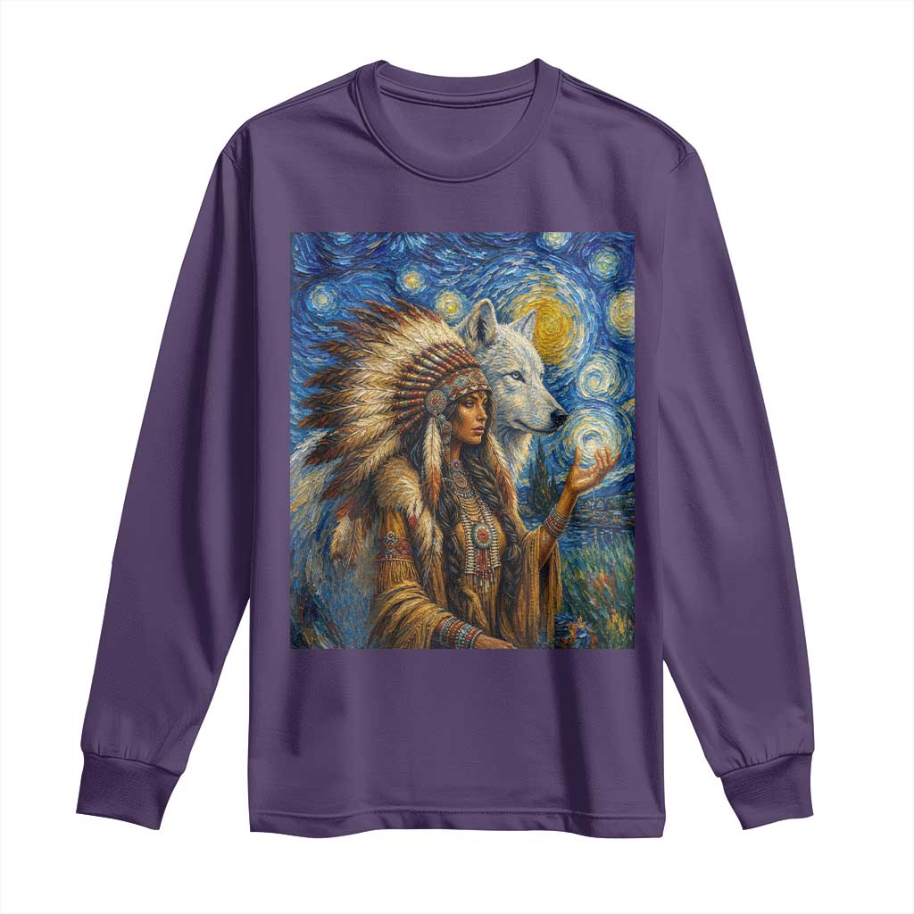 Native American Woman And White Wolf Long Sleeve Shirt Starry Night Inspired Art
