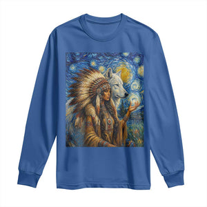 Native American Woman And White Wolf Long Sleeve Shirt Starry Night Inspired Art