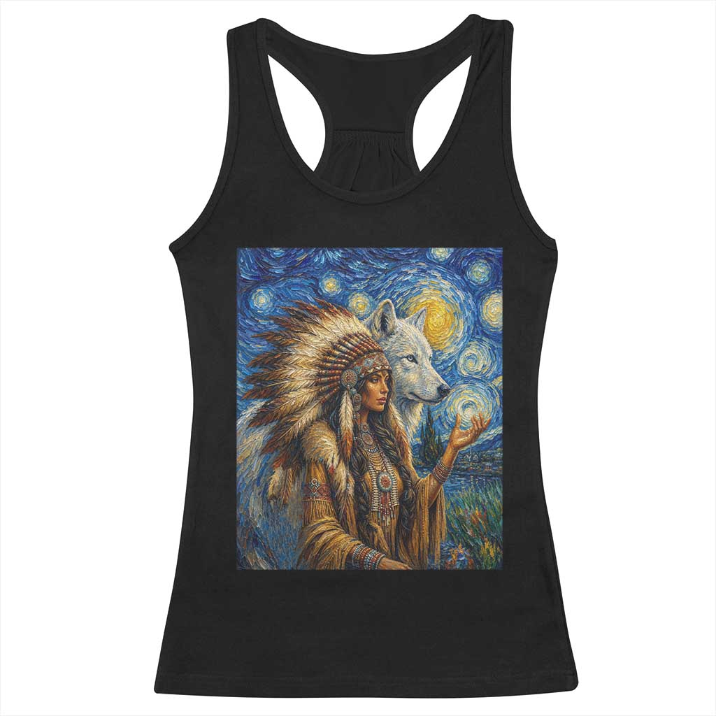 Native American Woman And White Wolf Racerback Tank Top Starry Night Inspired Art TS12 Black Print Your Wear