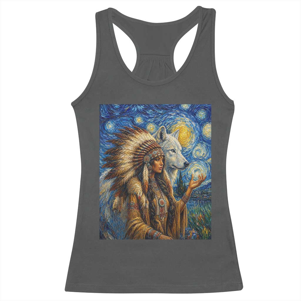 Native American Woman And White Wolf Racerback Tank Top Starry Night Inspired Art