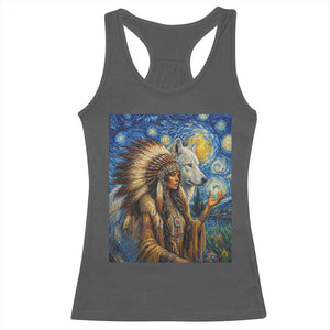 Native American Woman And White Wolf Racerback Tank Top Starry Night Inspired Art