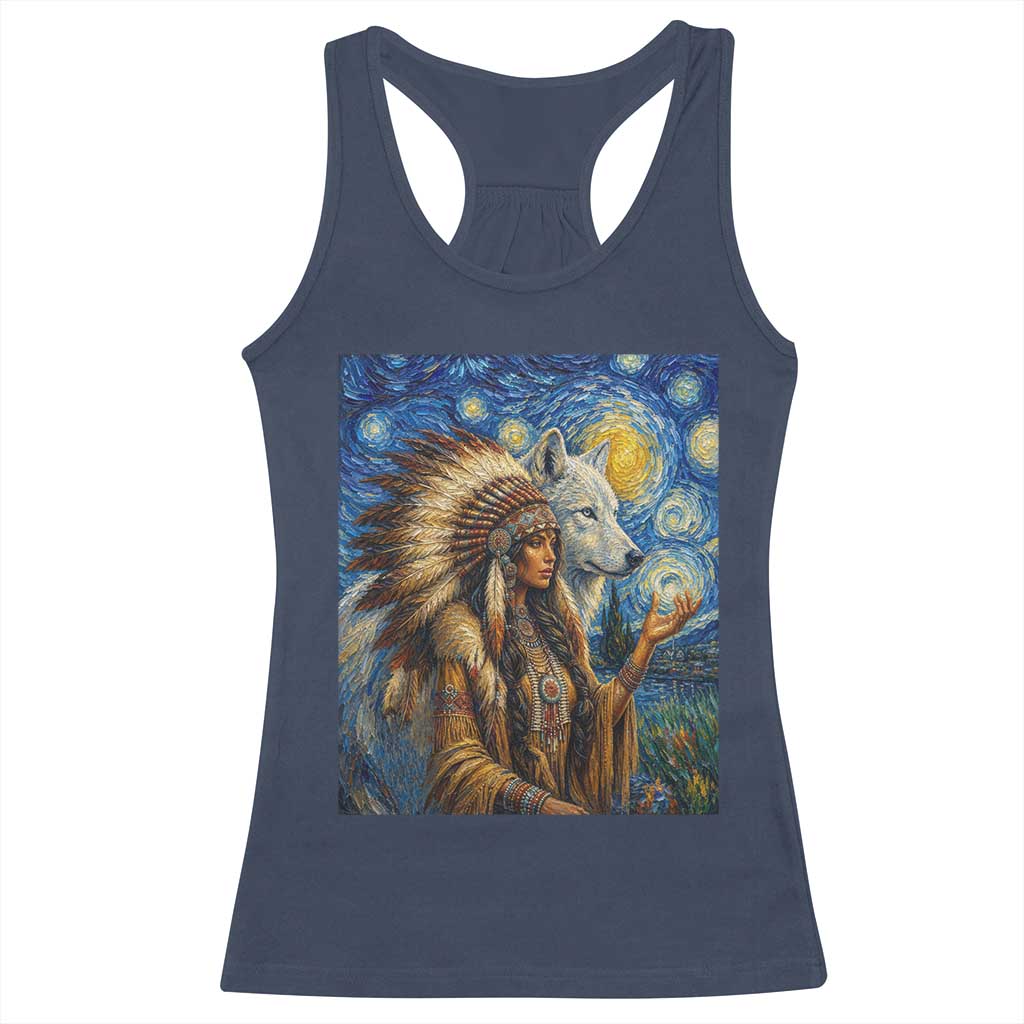 Native American Woman And White Wolf Racerback Tank Top Starry Night Inspired Art