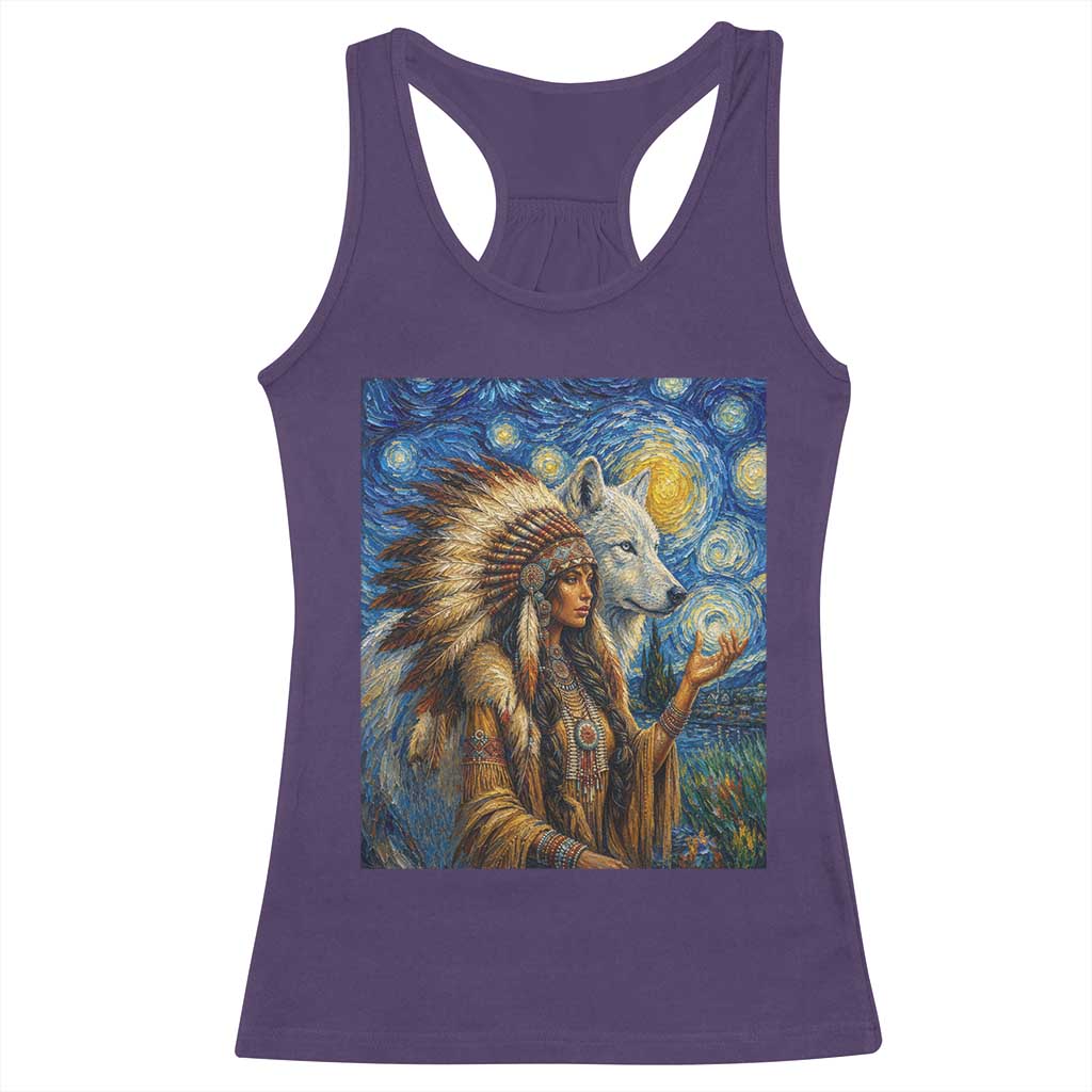 Native American Woman And White Wolf Racerback Tank Top Starry Night Inspired Art