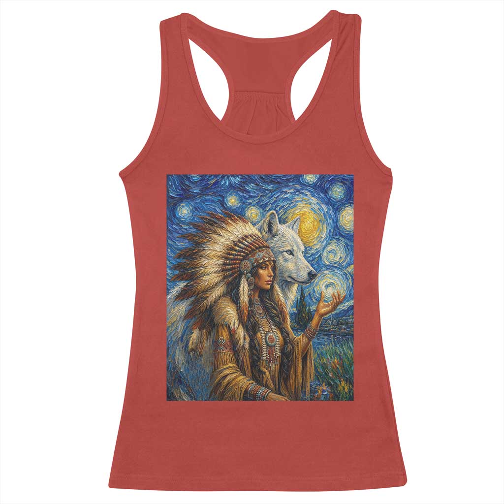 Native American Woman And White Wolf Racerback Tank Top Starry Night Inspired Art