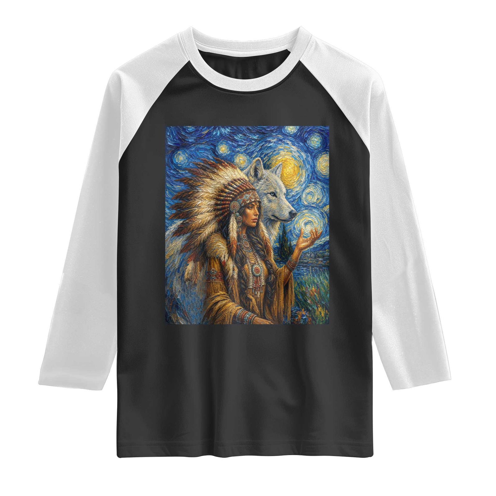 Native American Woman And White Wolf Raglan Shirt Starry Night Inspired Art TS12 Black White Print Your Wear