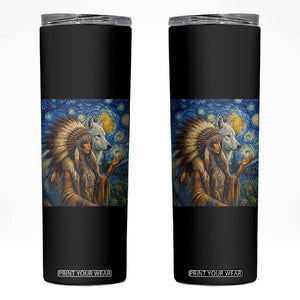 Native American Woman And White Wolf Skinny Tumbler Starry Night Inspired Art