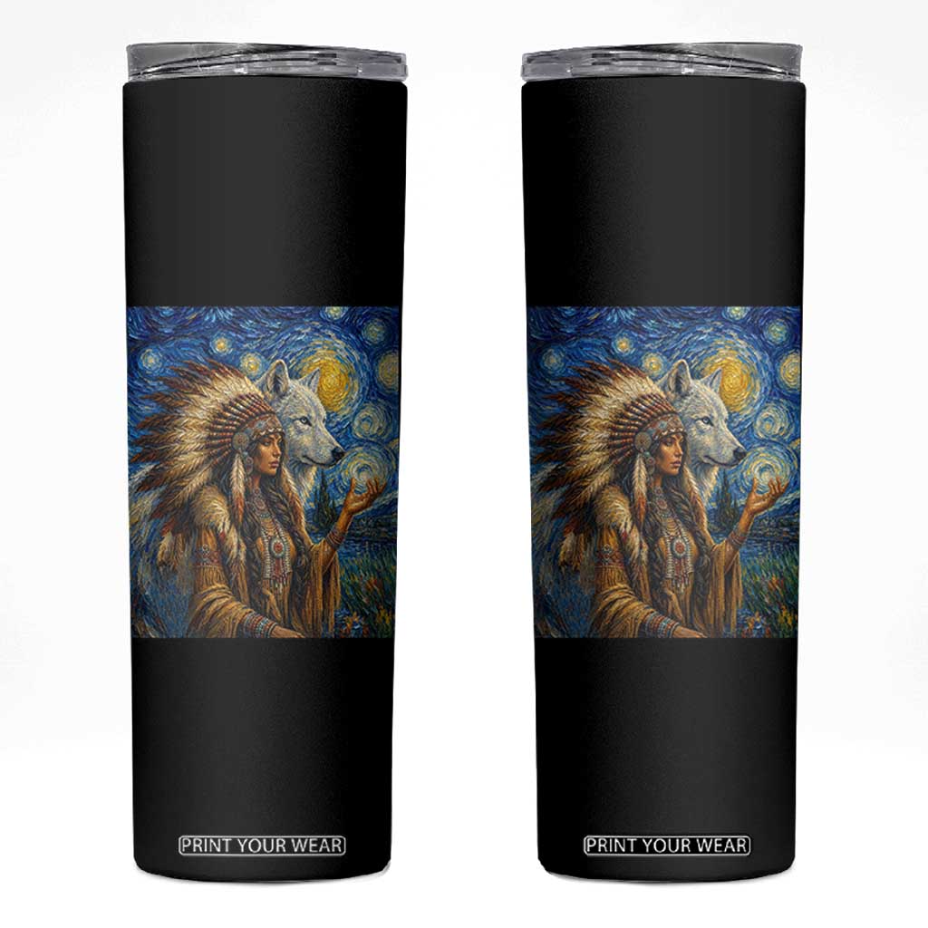 Native American Woman And White Wolf Skinny Tumbler Starry Night Inspired Art TS12 Black Print Your Wear