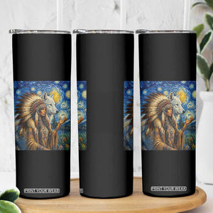 Native American Woman And White Wolf Skinny Tumbler Starry Night Inspired Art