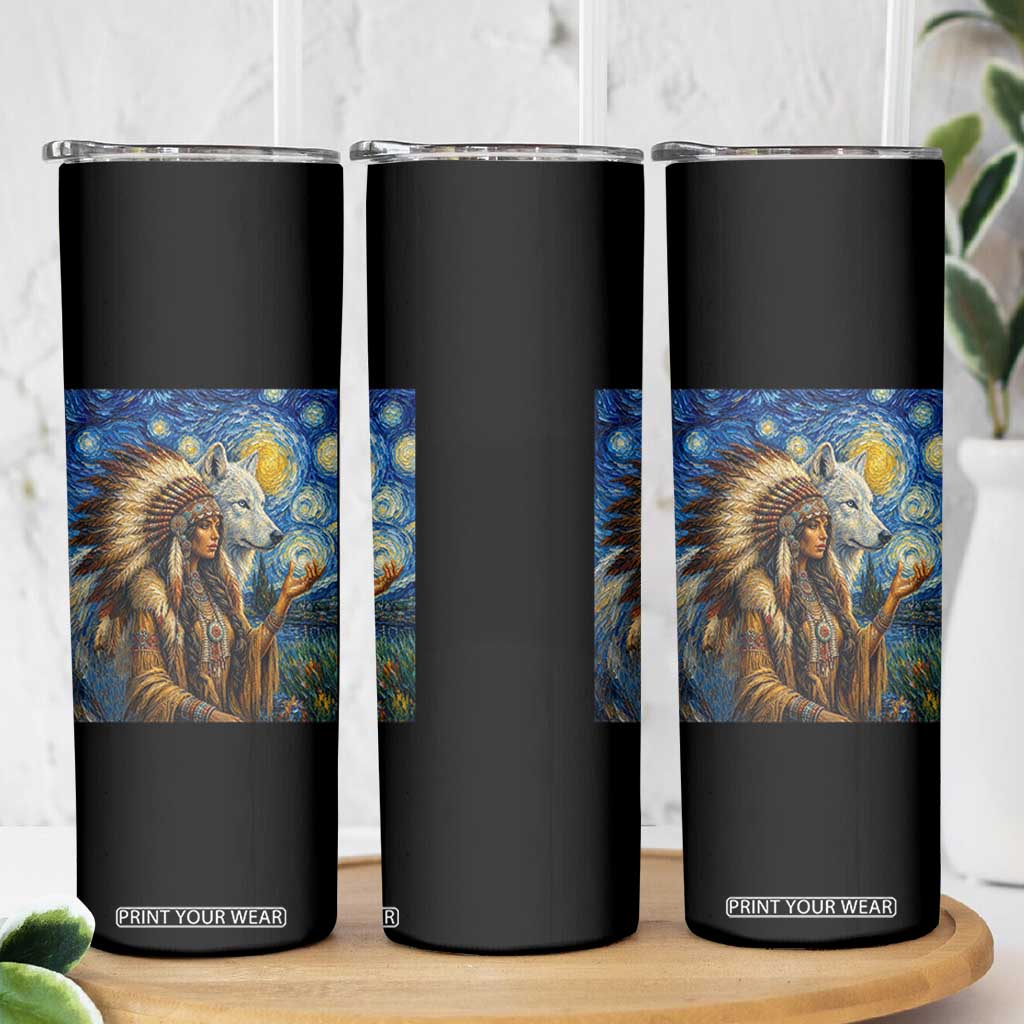Native American Woman And White Wolf Skinny Tumbler Starry Night Inspired Art