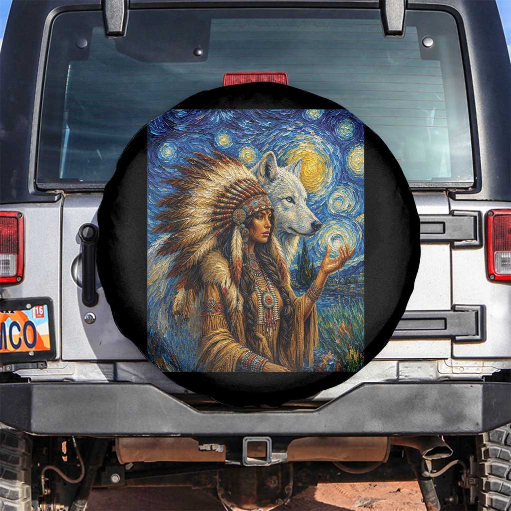Native American Woman And White Wolf Spare Tire Cover Starry Night Inspired Art TS12 No hole Black Print Your Wear