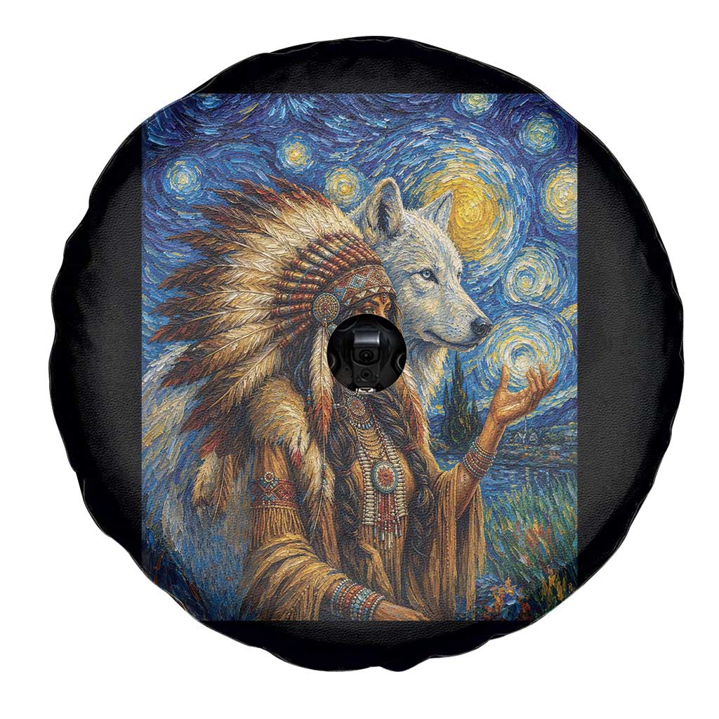 Native American Woman And White Wolf Spare Tire Cover Starry Night Inspired Art