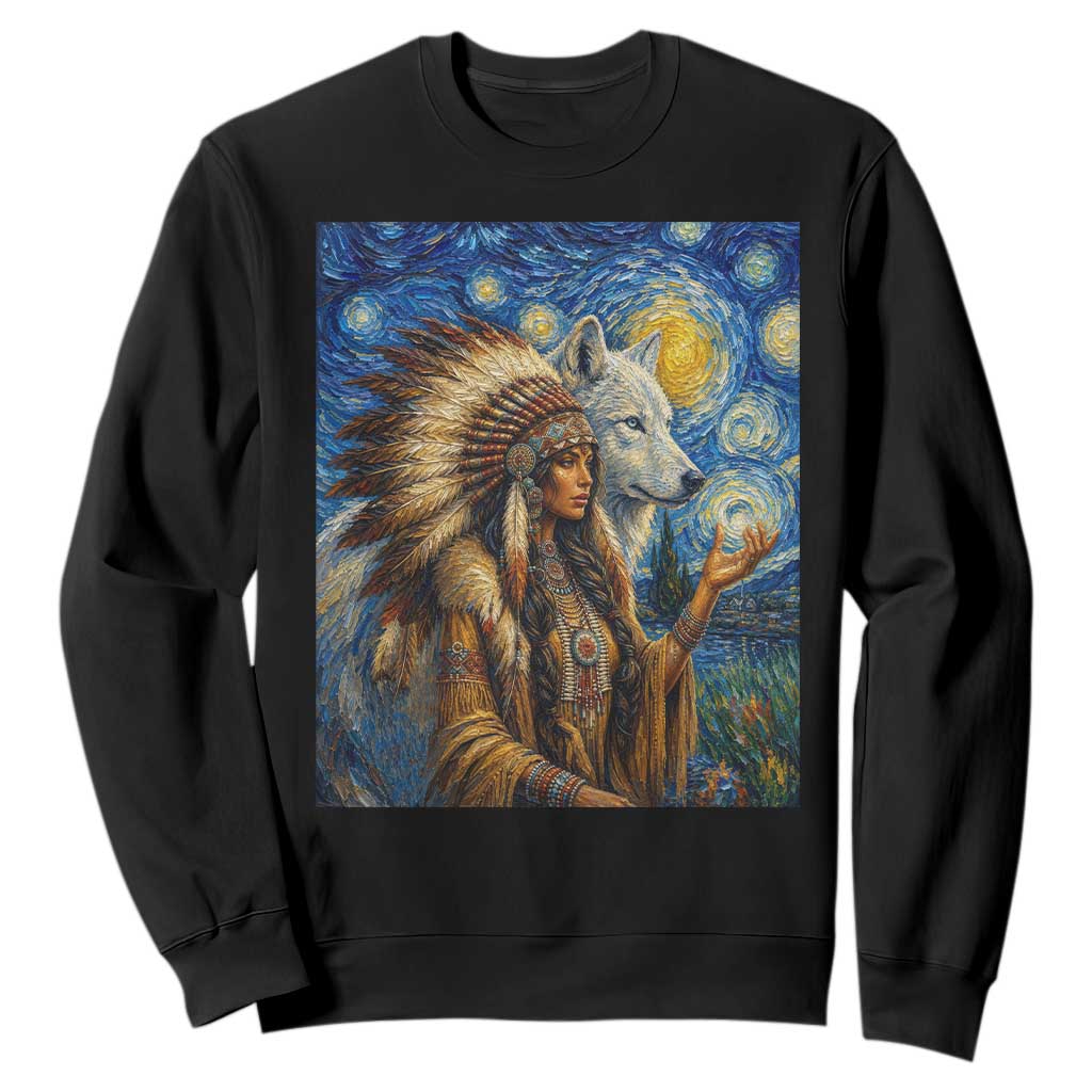 Native American Woman And White Wolf Sweatshirt Starry Night Inspired Art