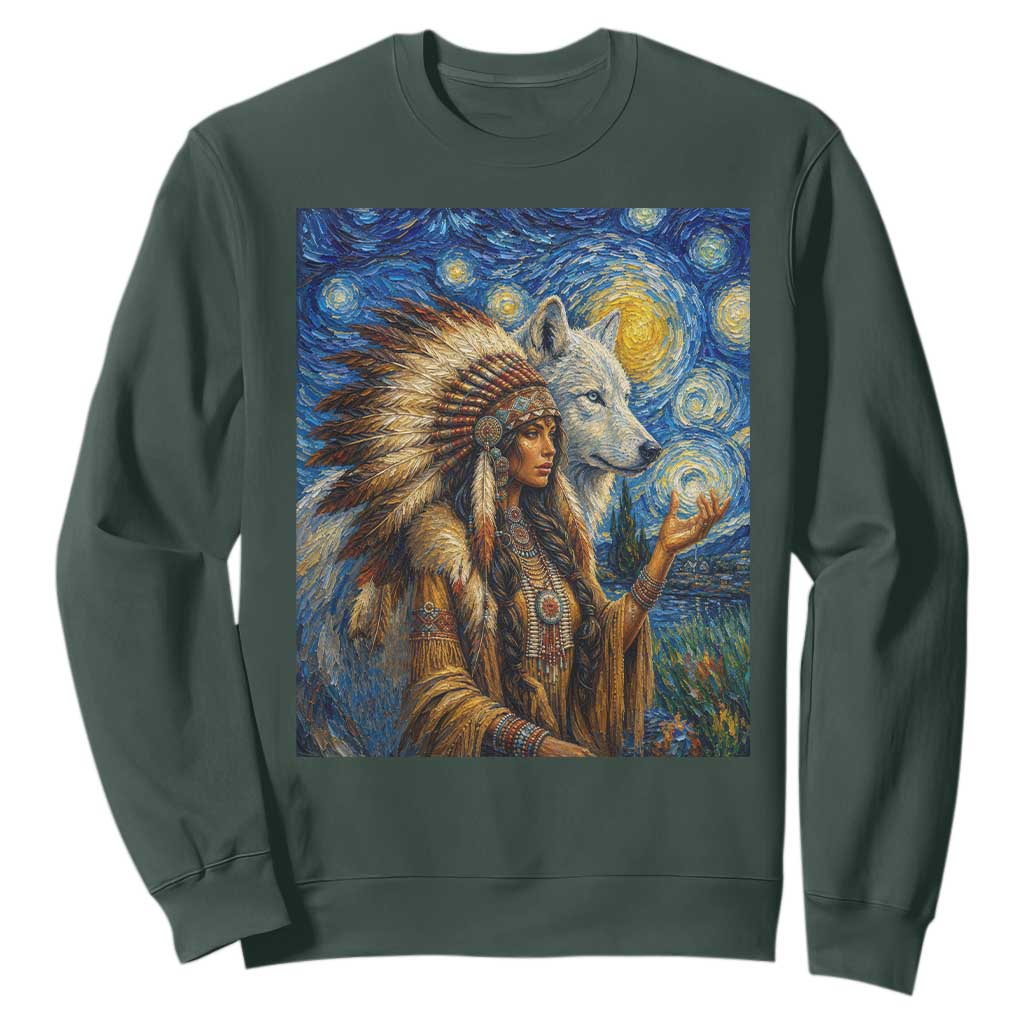 Native American Woman And White Wolf Sweatshirt Starry Night Inspired Art