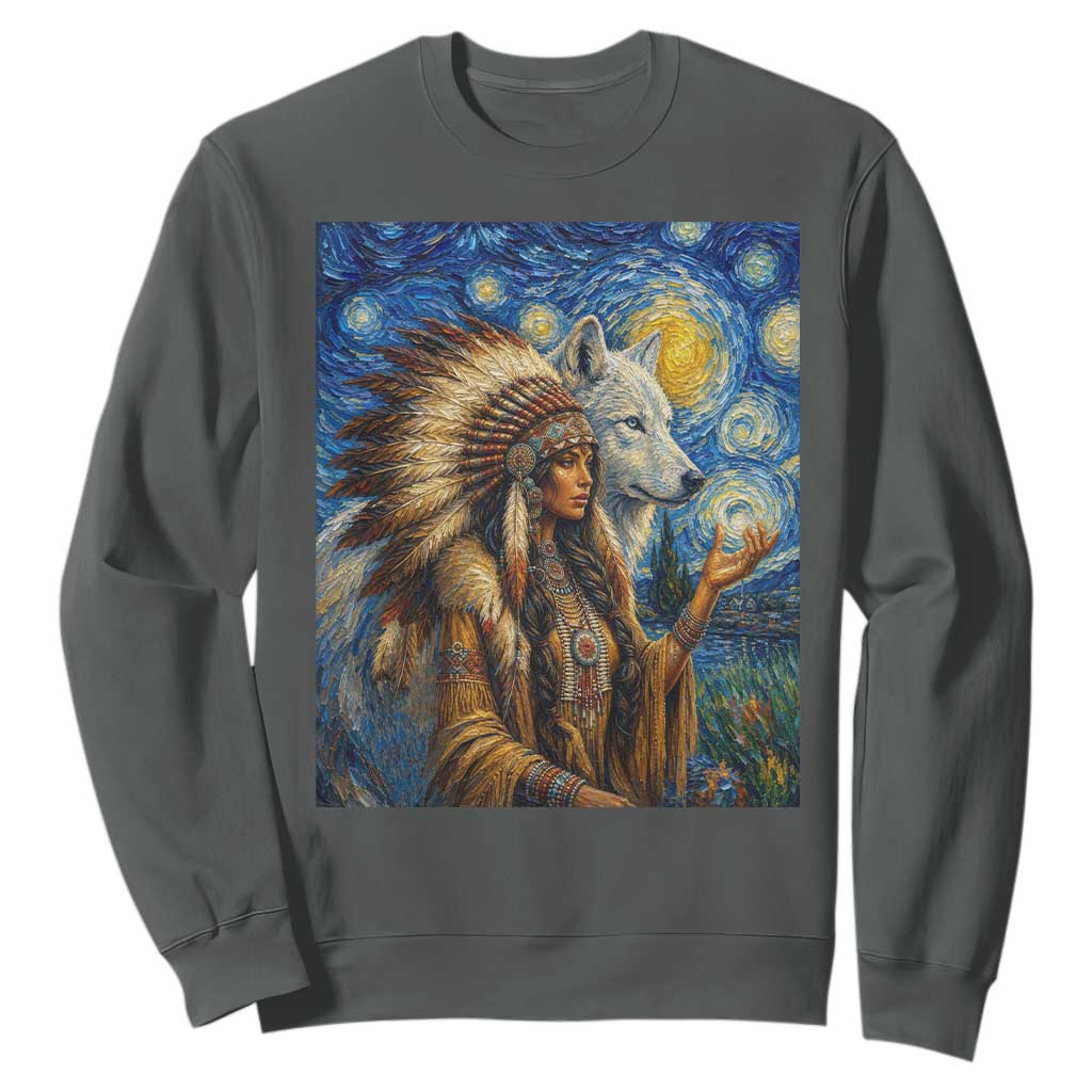Native American Woman And White Wolf Sweatshirt Starry Night Inspired Art