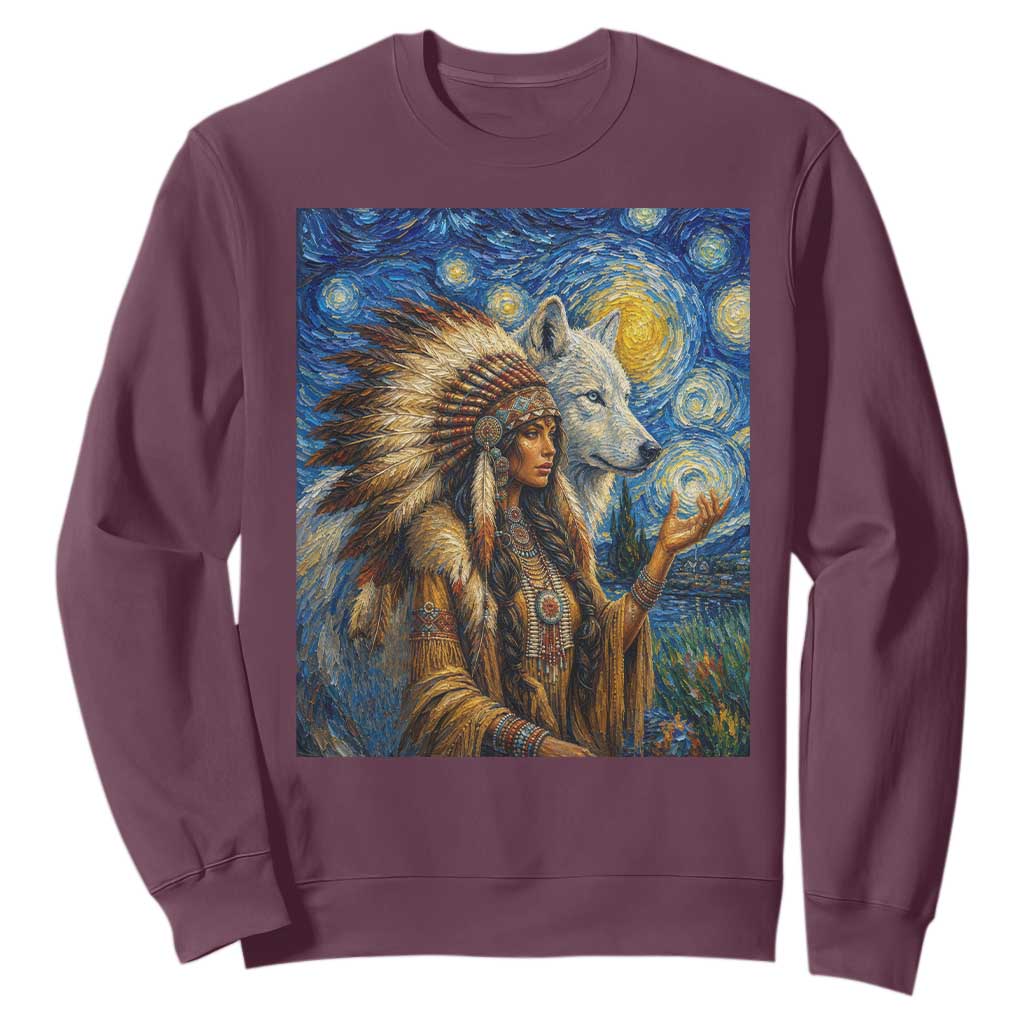 Native American Woman And White Wolf Sweatshirt Starry Night Inspired Art