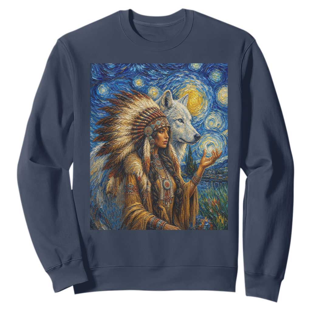Native American Woman And White Wolf Sweatshirt Starry Night Inspired Art