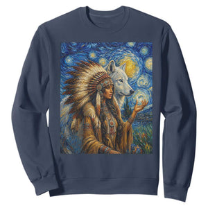 Native American Woman And White Wolf Sweatshirt Starry Night Inspired Art